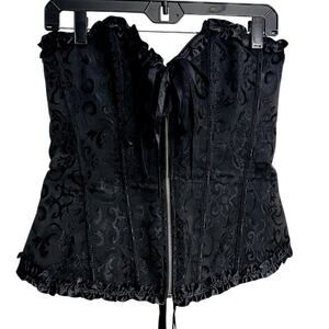 Black Ruffled Full Bust Black Brocade Zip Up Lace Back Corset Size XL Vamp Goth